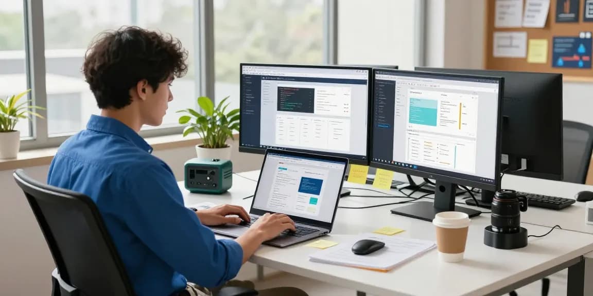 Employee using WPS Official Website in a stylish office workspace with modern tech and natural light.