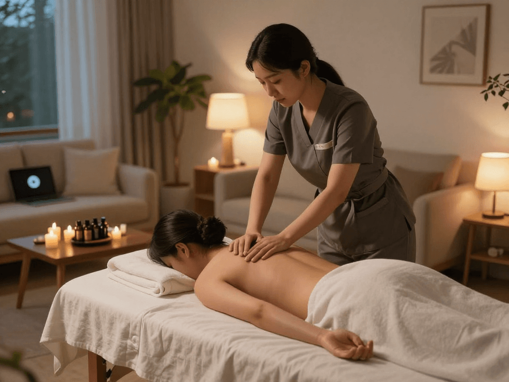 Relaxing 김포출장마사지 session at home with a professional therapist, serene ambiance.