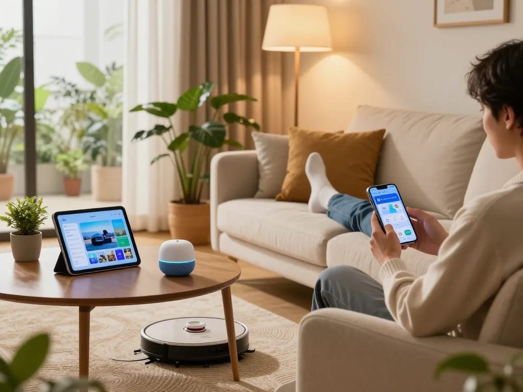 Cozy living room featuring tech gadgets for home, smart speaker, and robotic vacuum in a bright setting.