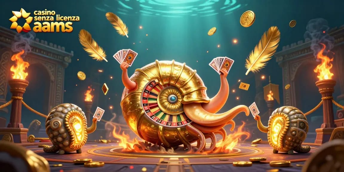 Engage with casino senza licenza aams through vibrant 3D gaming illustration of a giant nautilus and glowing companions.