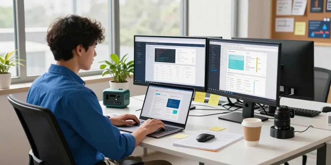 Employee using WPS Official Website in a stylish office workspace with modern tech and natural light.