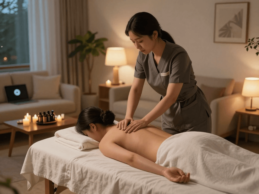 Relaxing 김포출장마사지 session at home with a professional therapist, serene ambiance.