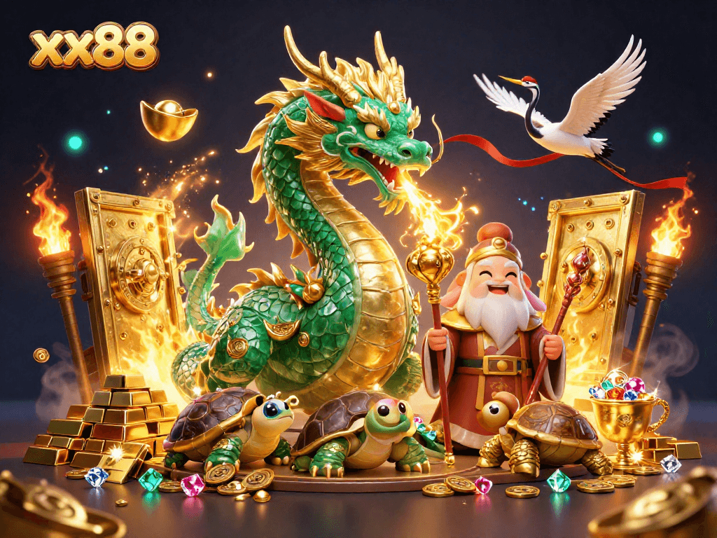 Immerse in xx88's vibrant casino adventure with a jade dragon and magical elements.