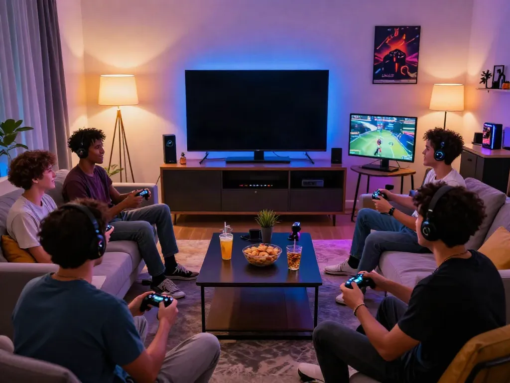 Friends enjoying a multiplayer gaming session, showcasing rokok88 login in a vibrant living room filled with snacks and game controllers.