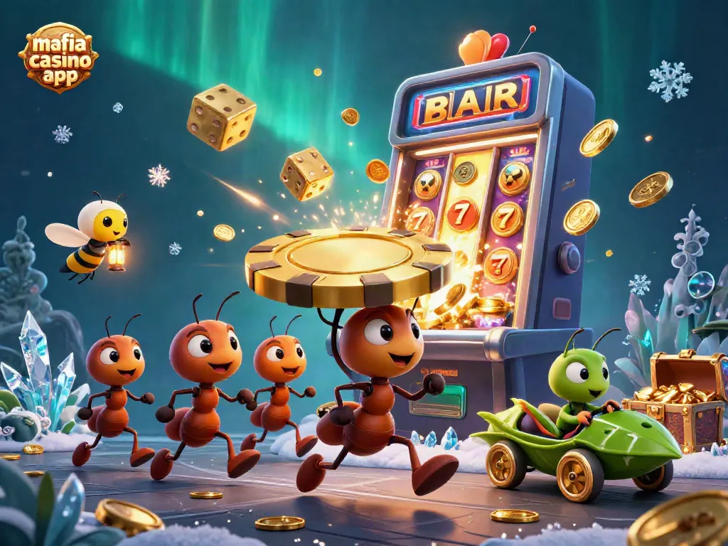Experience the thrilling action of the mafia casino app as ants execute a heist with vibrant slot symbols.