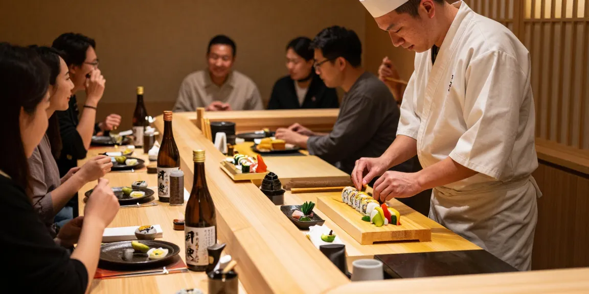 rokok88 sushi chef preparing vibrant rolls in cozy restaurant setting.