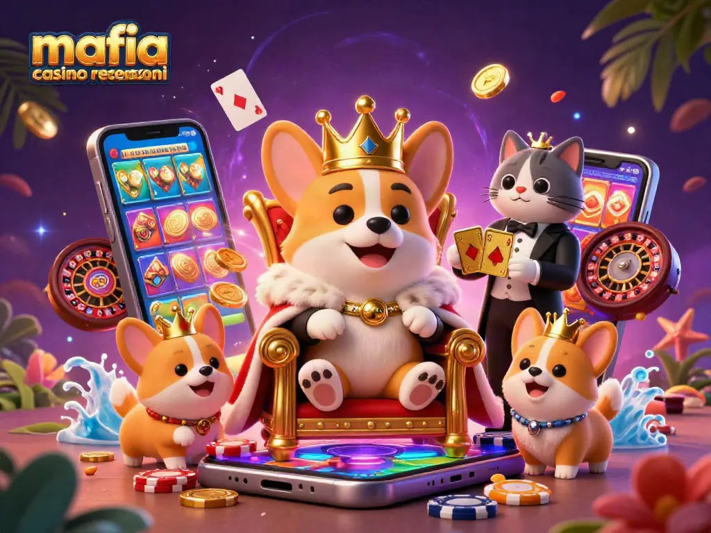 Mafia casino recensioni showcases a vibrant 3D scene with a crowned corgi and gaming elements embodying excitement in gambling.