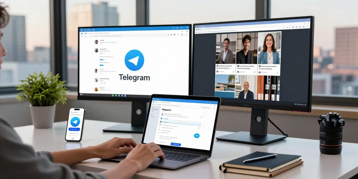 Engaged user utilizing Telegram web version on a sleek modern laptop at a bright workspace.