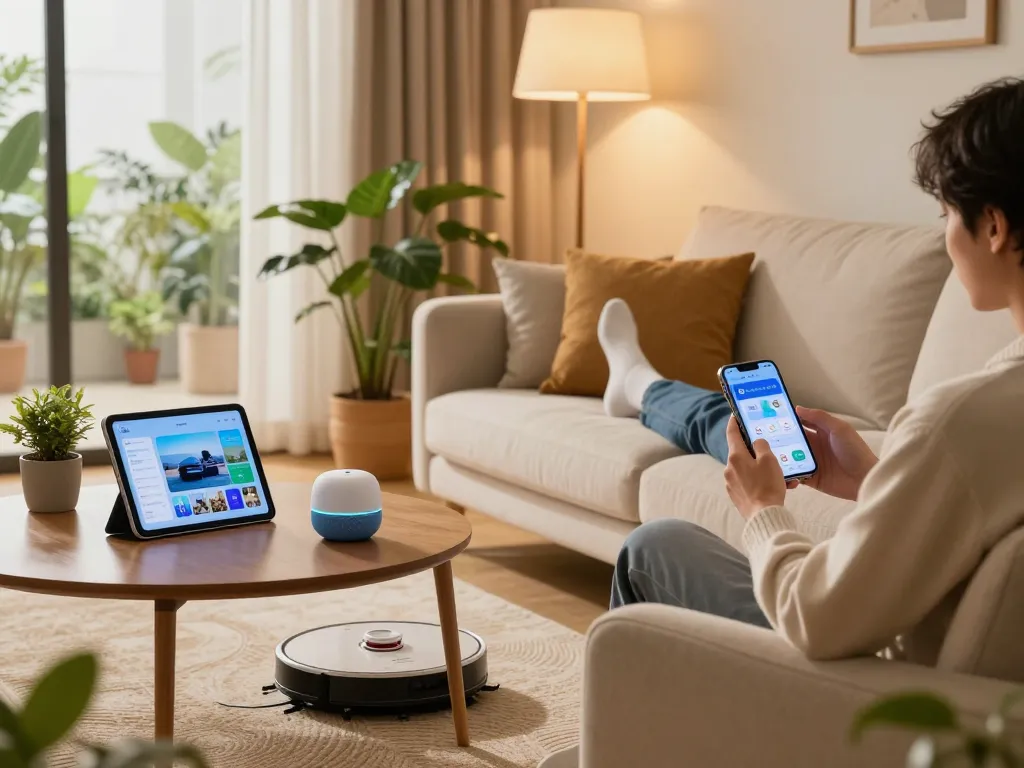 Cozy living room featuring tech gadgets for home, smart speaker, and robotic vacuum in a bright setting.