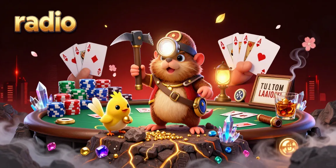 Experience thrilling radio gaming action with poker tables and vibrant illustrations of treasure hunts.