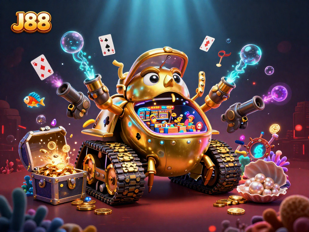 Engage with J88's vibrant casino visuals, showcasing a golden tank bursting with gaming thrills.