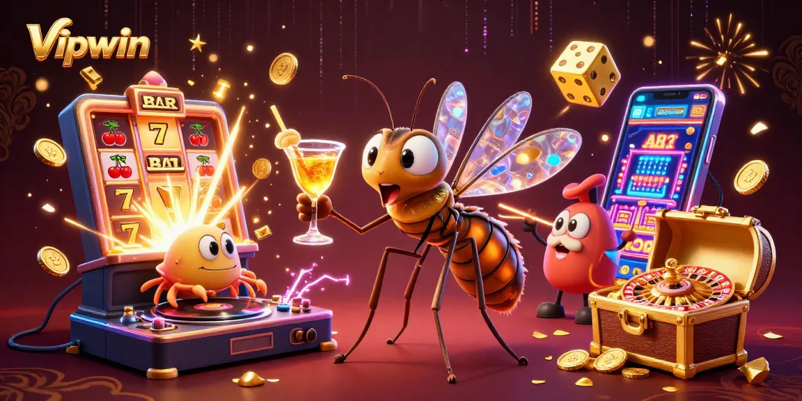 Win big at Vipwin with a stunning 3D casino scene featuring a unique cocktail-holding mascot.