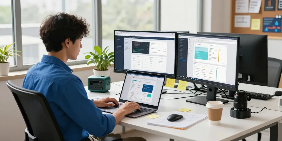 Employee using WPS Official Website in a stylish office workspace with modern tech and natural light.