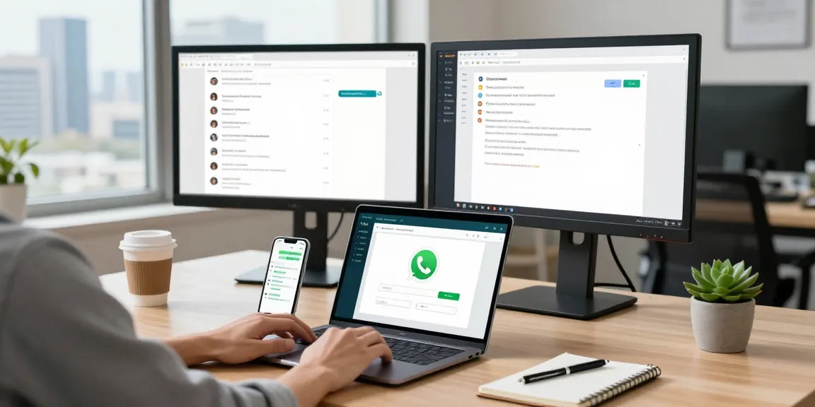 Professional using WhatsApp網頁版 on a modern laptop in a bright office workspace.