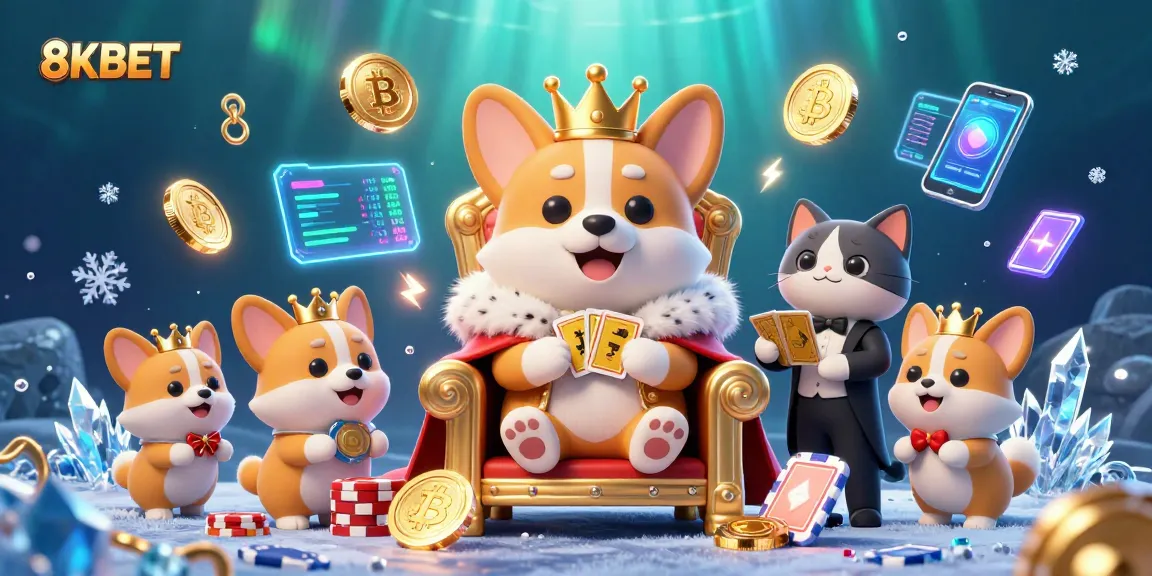 Experience the vibrant world of 8KBET online casino with royal corgi and crypto elements.