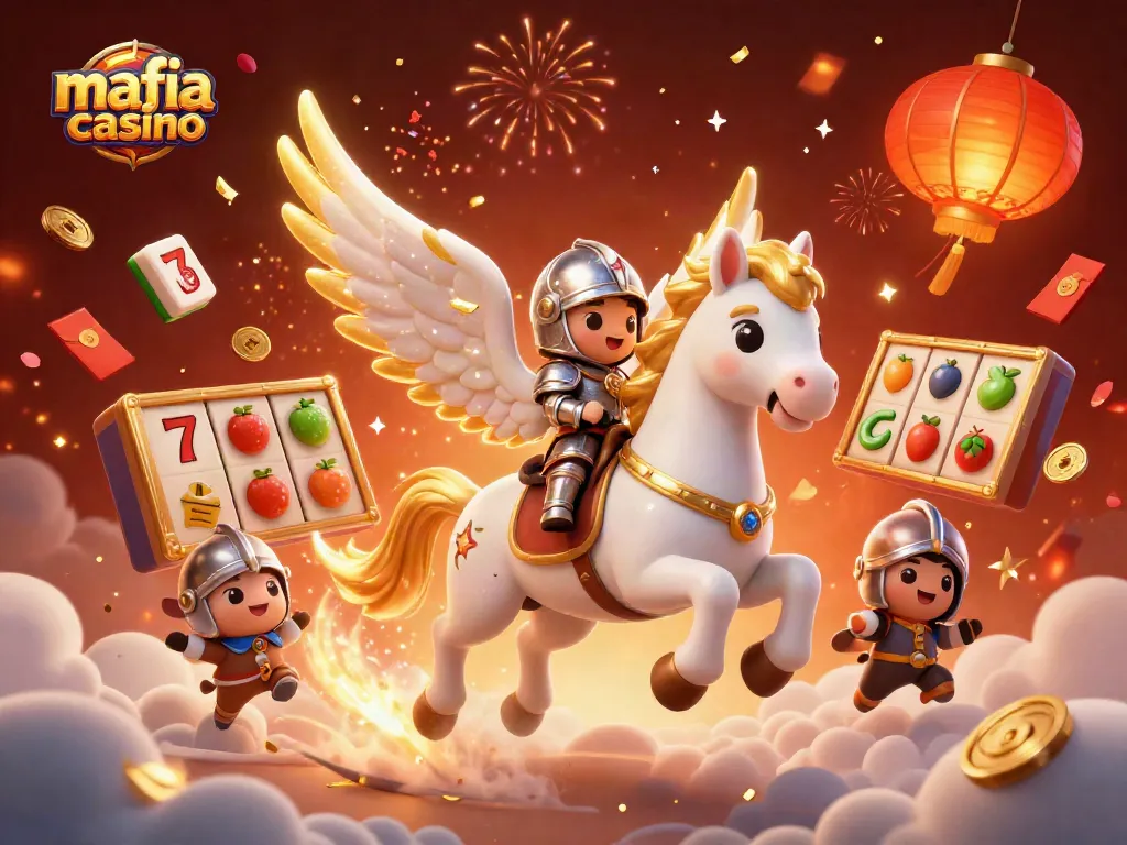 Mafia casino showcases a celestial horse and knight surrounded by slot elements and festive decorations.