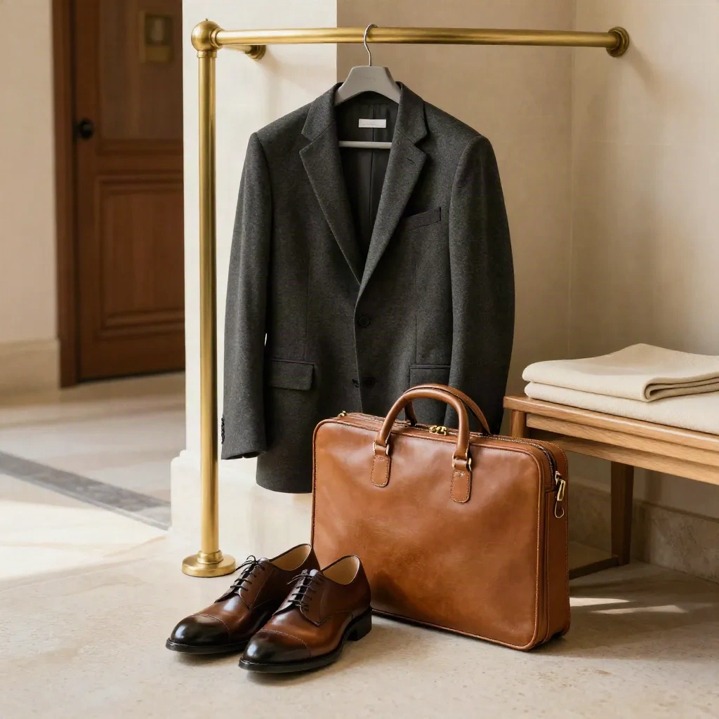 Ingresso elegante con blazer, scarpe lucidate e borsa pronta per un nuovo passo.