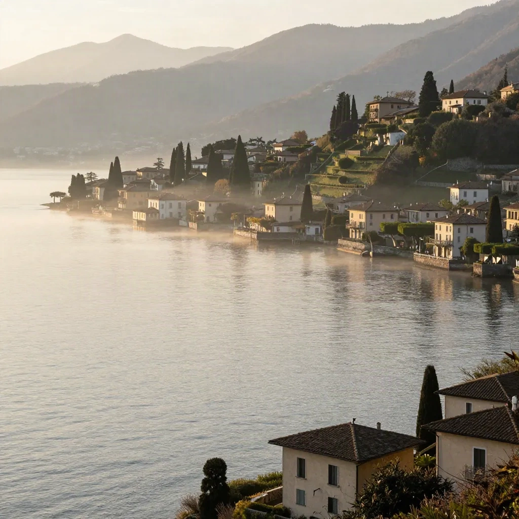 Lago di Como all’alba con ville, cipressi e montagne velate dalla foschia.