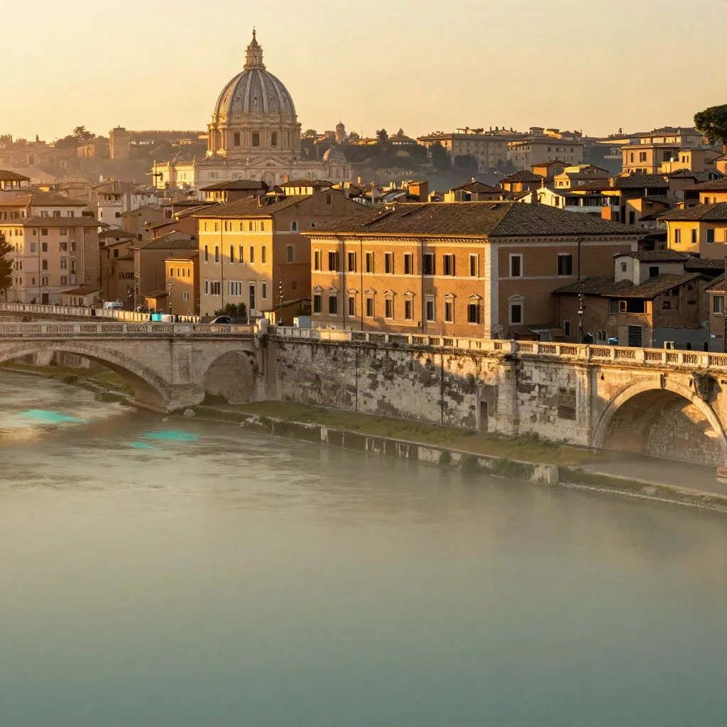 Panorama di Roma al tramonto con cupola lontana e tetti terracotta immersi nella foschia.