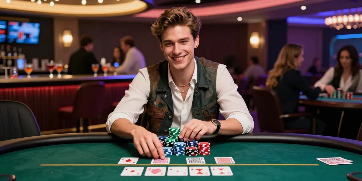 Engaged player at poker table in a vibrant gambling setting highlighting rokok88 with chips and cards.