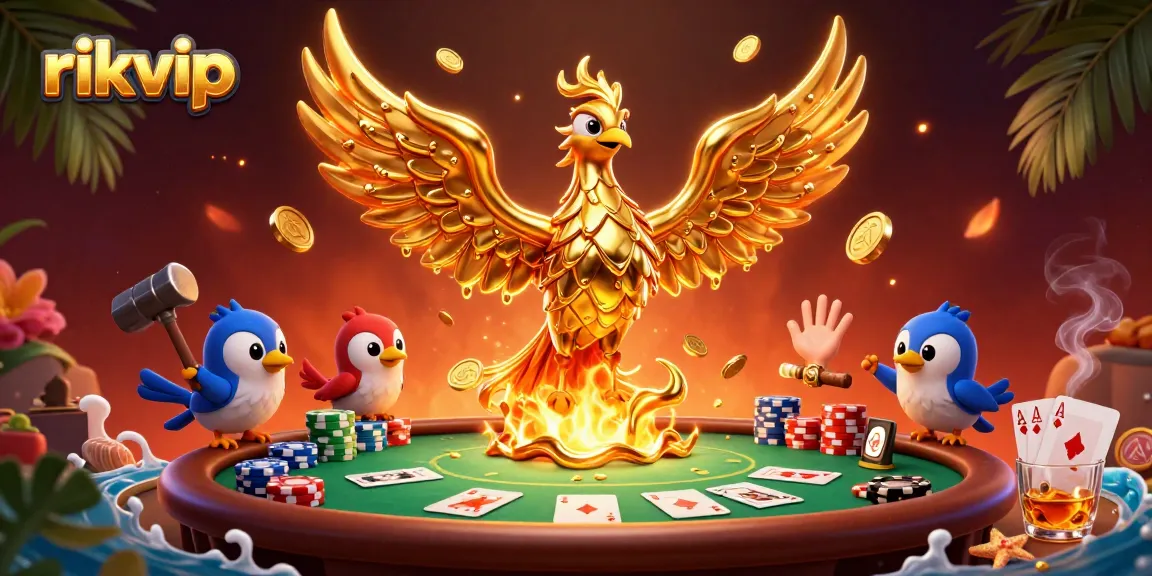 Experience winning strategies at rikvip with a vibrant casino-themed illustration showcasing a golden phoenix.