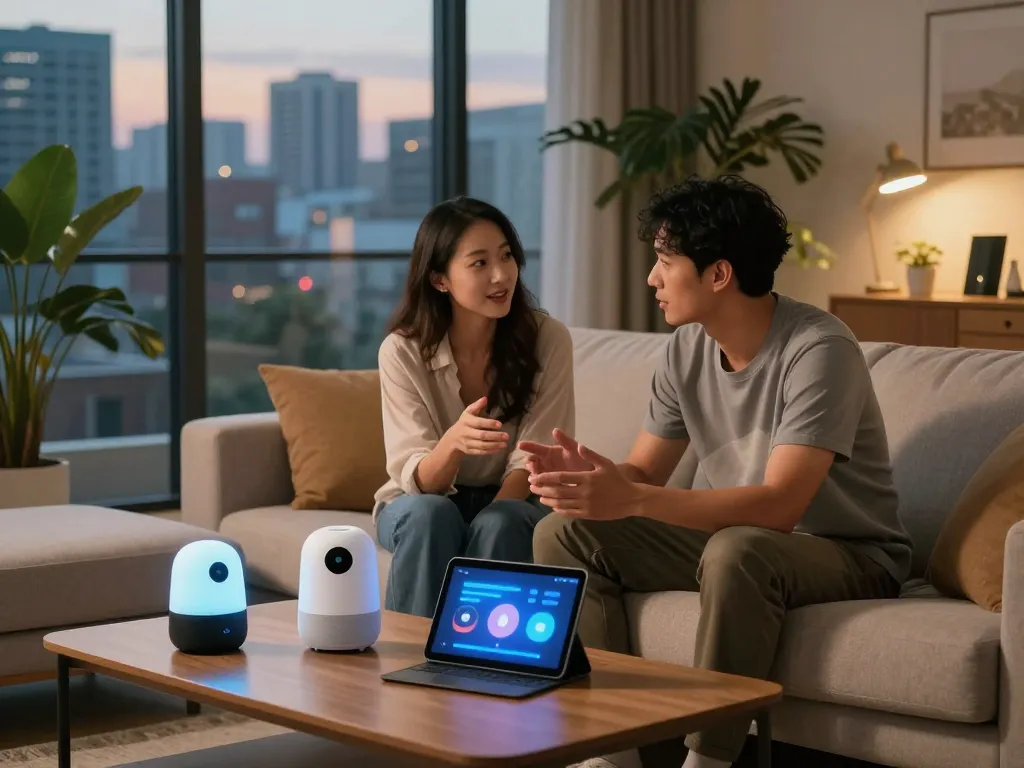 Couple discussing ai sex innovations with modern gadgets in urban setting.