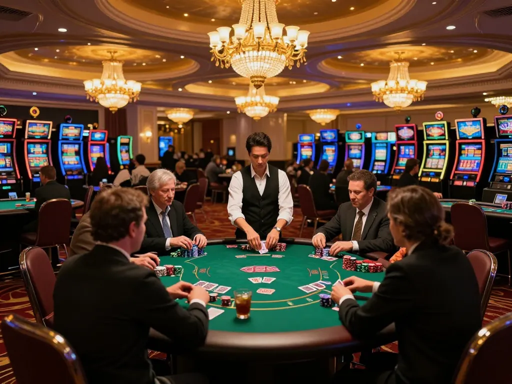 cm88 players placing bets at poker tables in an elegant casino environment filled with vibrant lights