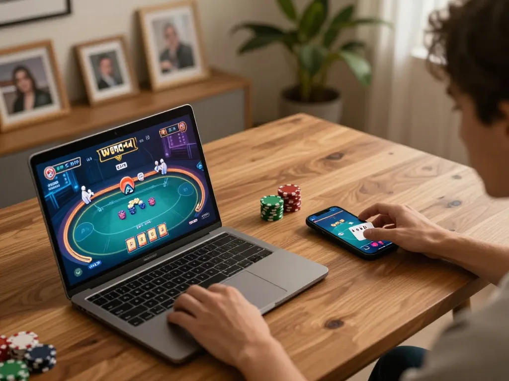 Person engaged in online gaming, exploring gamebaidoithuong on smartphone and laptop for strategic play