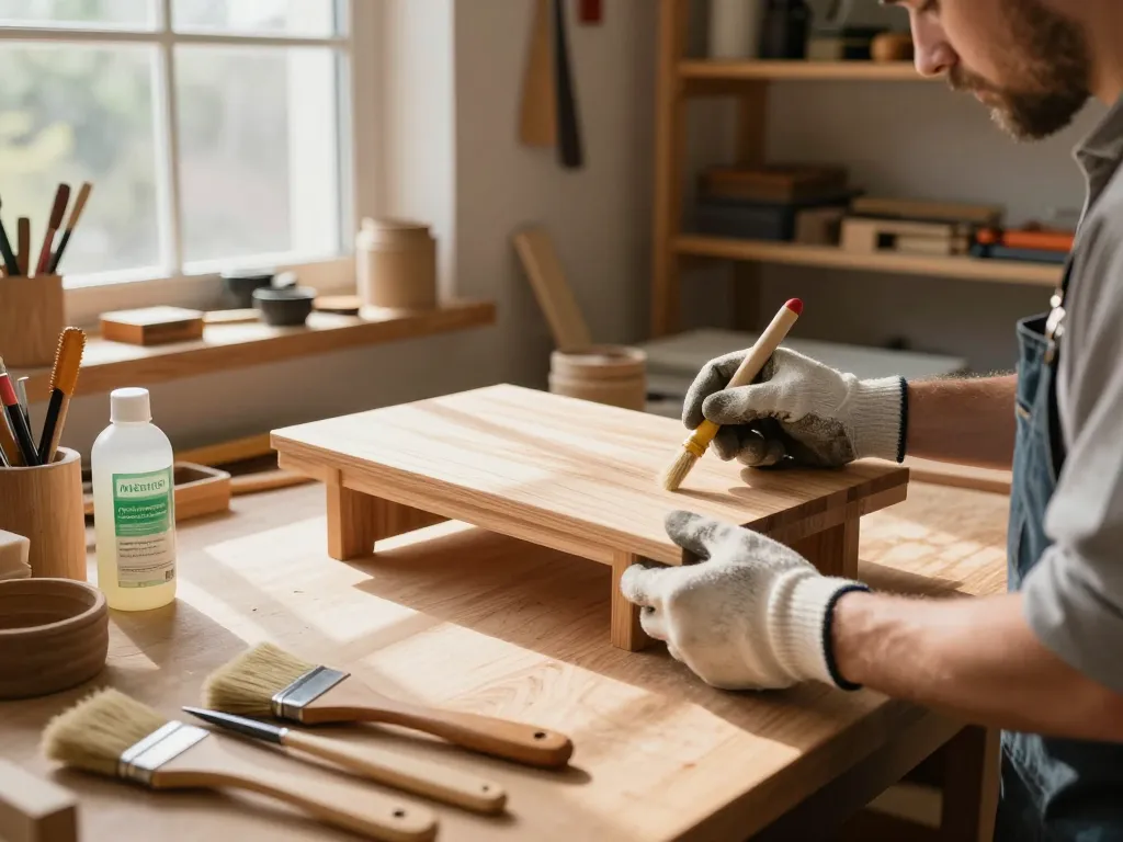 Artigiano che utilizza prodotti antitarlo ecologico per un trattamento sostenibile del legno in un laboratorio illuminato dal sole.