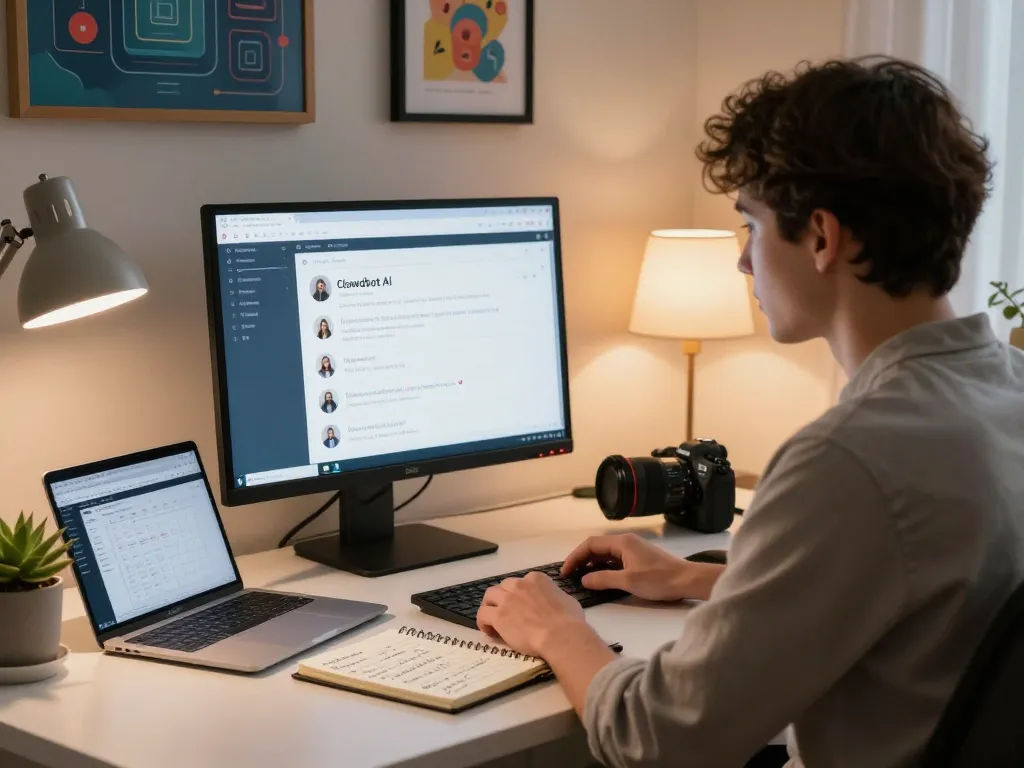 Professional using Clawdbot AI in a cozy office, showcasing effective task management.
