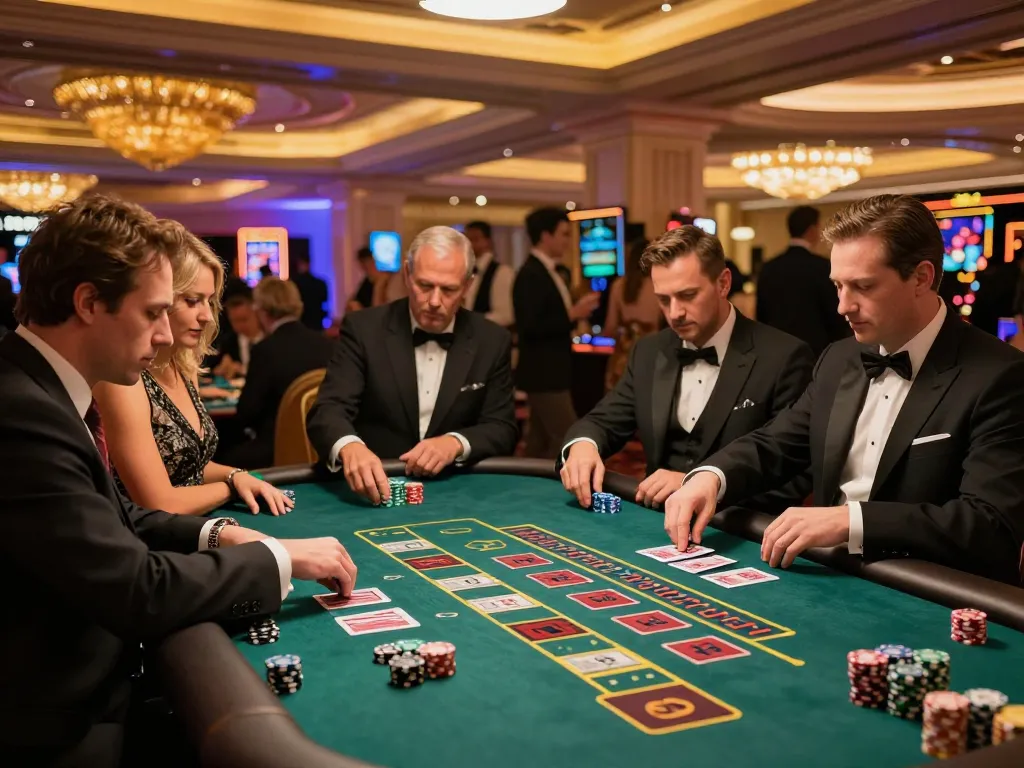 Engaged players at 8kbet baccarat table showcasing thrilling casino gaming action.