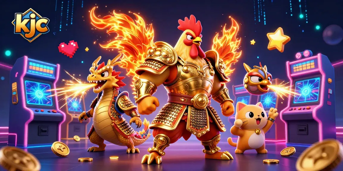 Play exciting casino games at kjc, featuring a dynamic rooster warrior and a dragon hatchling.