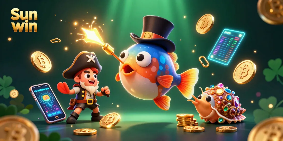 Play thrilling games with Sun win as the anglerfish draws in golden coins and crypto elements in vibrant underwater scene.