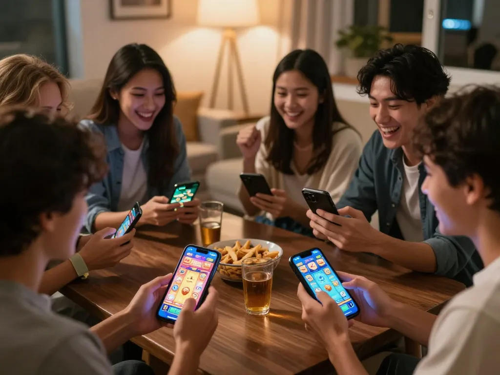 Pemain yang terlibat dalam permainan raja slot di smartphone dalam suasana rumah yang hidup