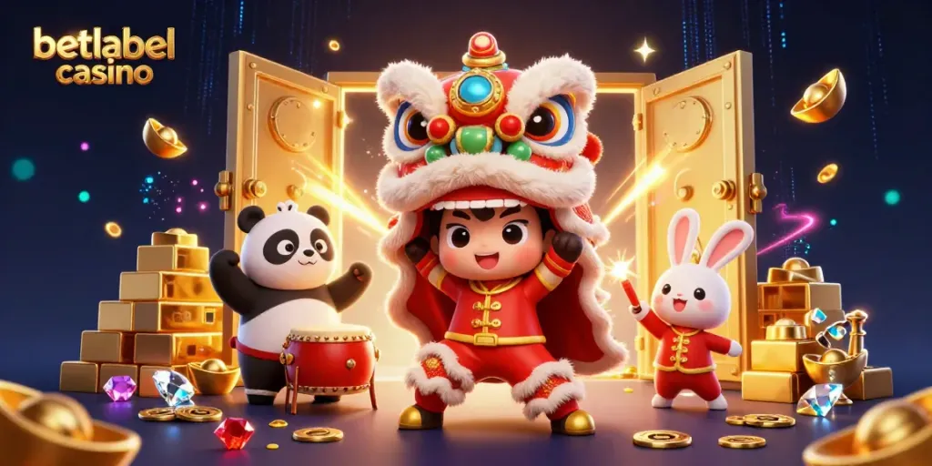 Experience excitement at betlabel casino with vibrant 3D lion dance and treasures bursting from a vault.