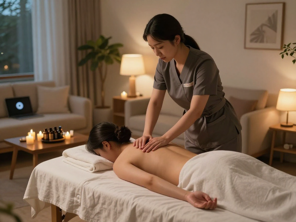 Relaxing 김포출장마사지 session at home with a professional therapist, serene ambiance.