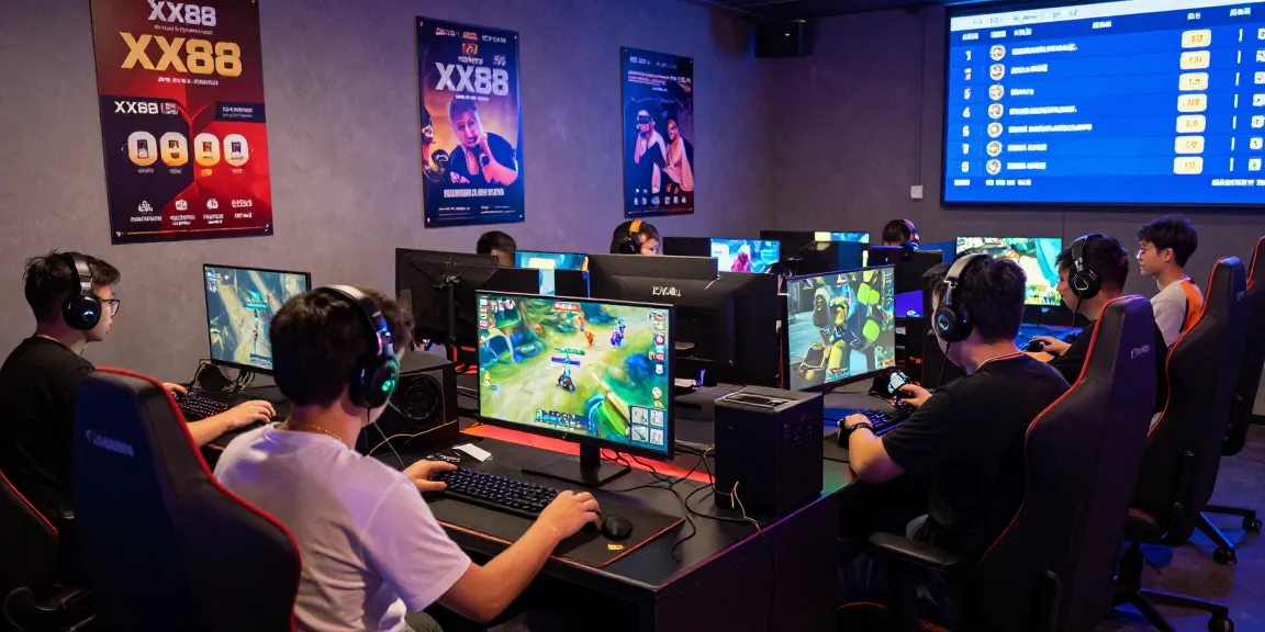 Exciting online gaming atmosphere at https://xx88.se.net/ with players at modern stations showcasing vibrant game graphics.