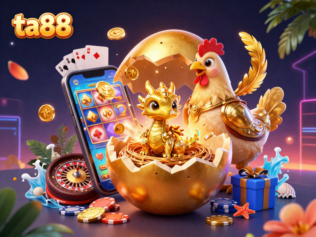Experience jackpots and excitement at ta88 with a golden dragon, poker chips, and slot games!