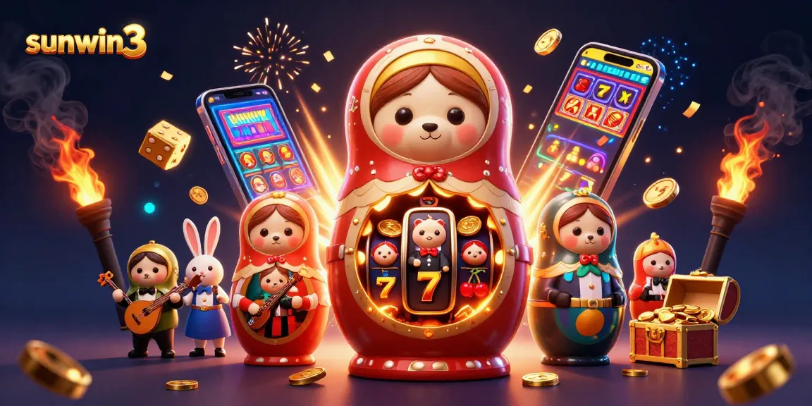 Experience the excitement of sunwin3 with a dynamic casino-themed 3D scene featuring jovial characters.