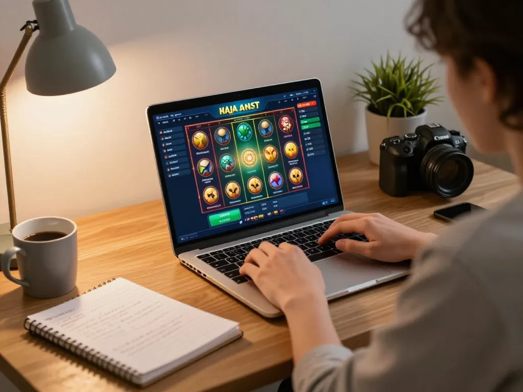 Engaged player strategizing on raja slot game in a modern home office with laptop.