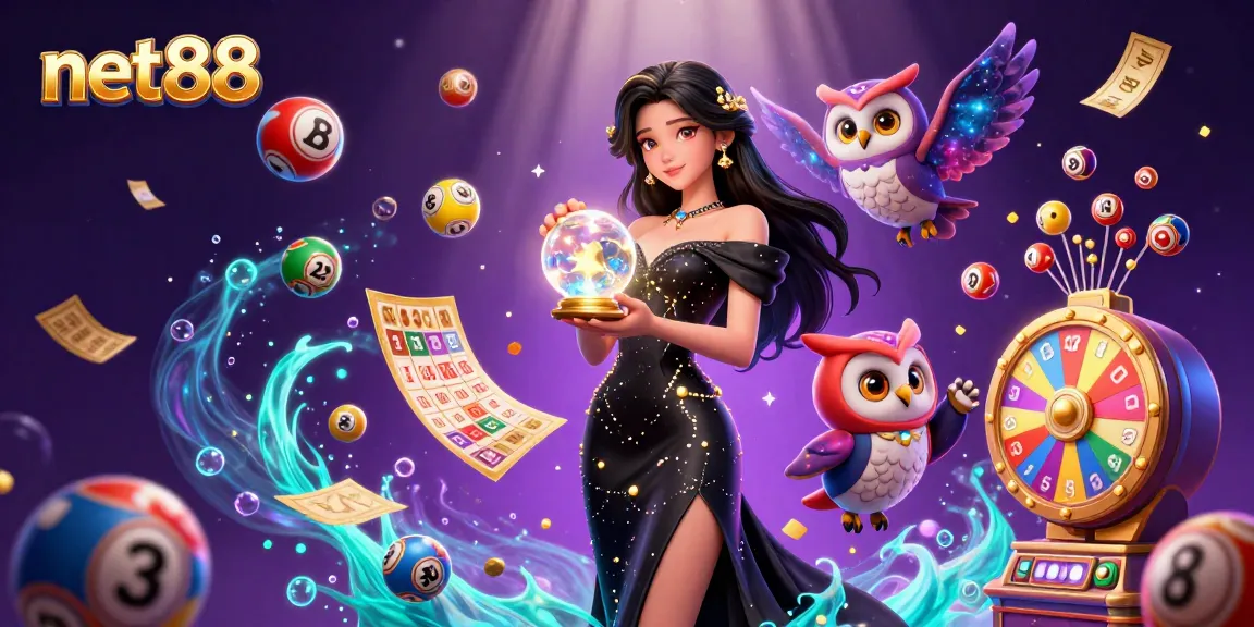 Play exciting games and win with net88's vibrant lottery and casino elements in a mystical scene