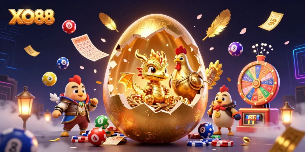 Experience the excitement of XO88 with a golden dragon nestled among casino treasures