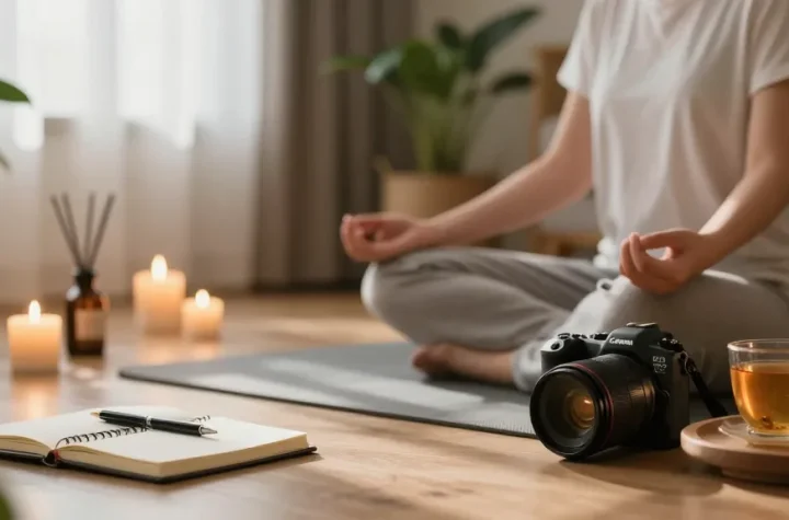 Mindfulness practice in wellness hub featuring rokok 88 elements, calming home environment.