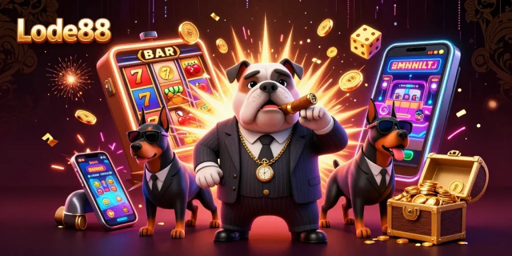 Lode88 showcases enthusiastic characters amidst a vibrant jackpot gaming scene, emphasizing thrilling slot action.