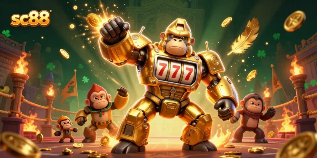 Experience the thrill of sc88 with a golden gorilla mech, dynamic casino action, and epic winnings.